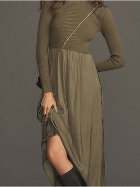 Anthropologie Twofer Olive Long Sleeve Ribbed Top Maxi Dress